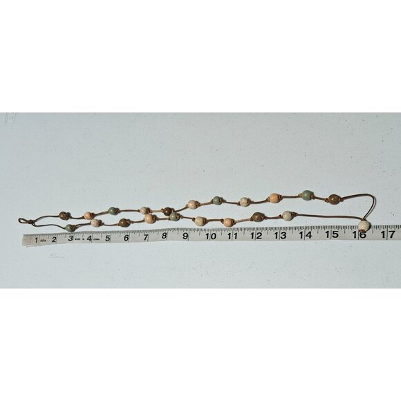 Handmade Boho Leather Beaded Necklace Multicolor Wooden Beads Earthy Jewelry - Picture 4 of 5